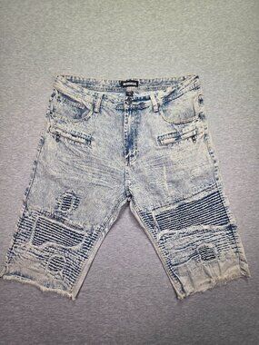 Imperious Men's Acid Wash Moto Denim Shorts Size 40 Distressed Biker Jean Shorts